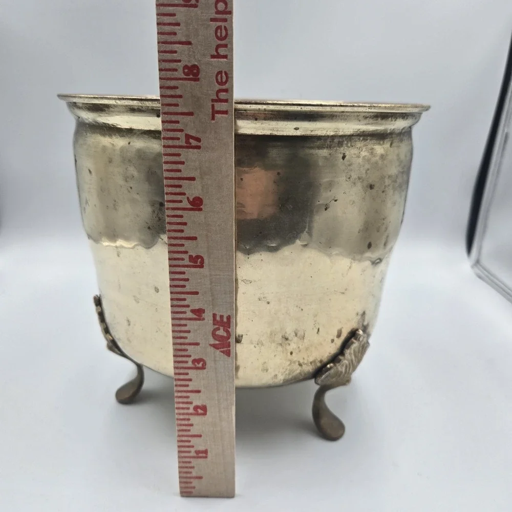 Vintage Solid Brass Hammered Planter Cachepot Claw Feet Patina Pot Large